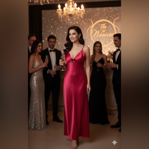 Vintage LA Intimates Nighty Maxi Red Satin Gown Made In USA Rare Party Holiday - Picture 14 of 16